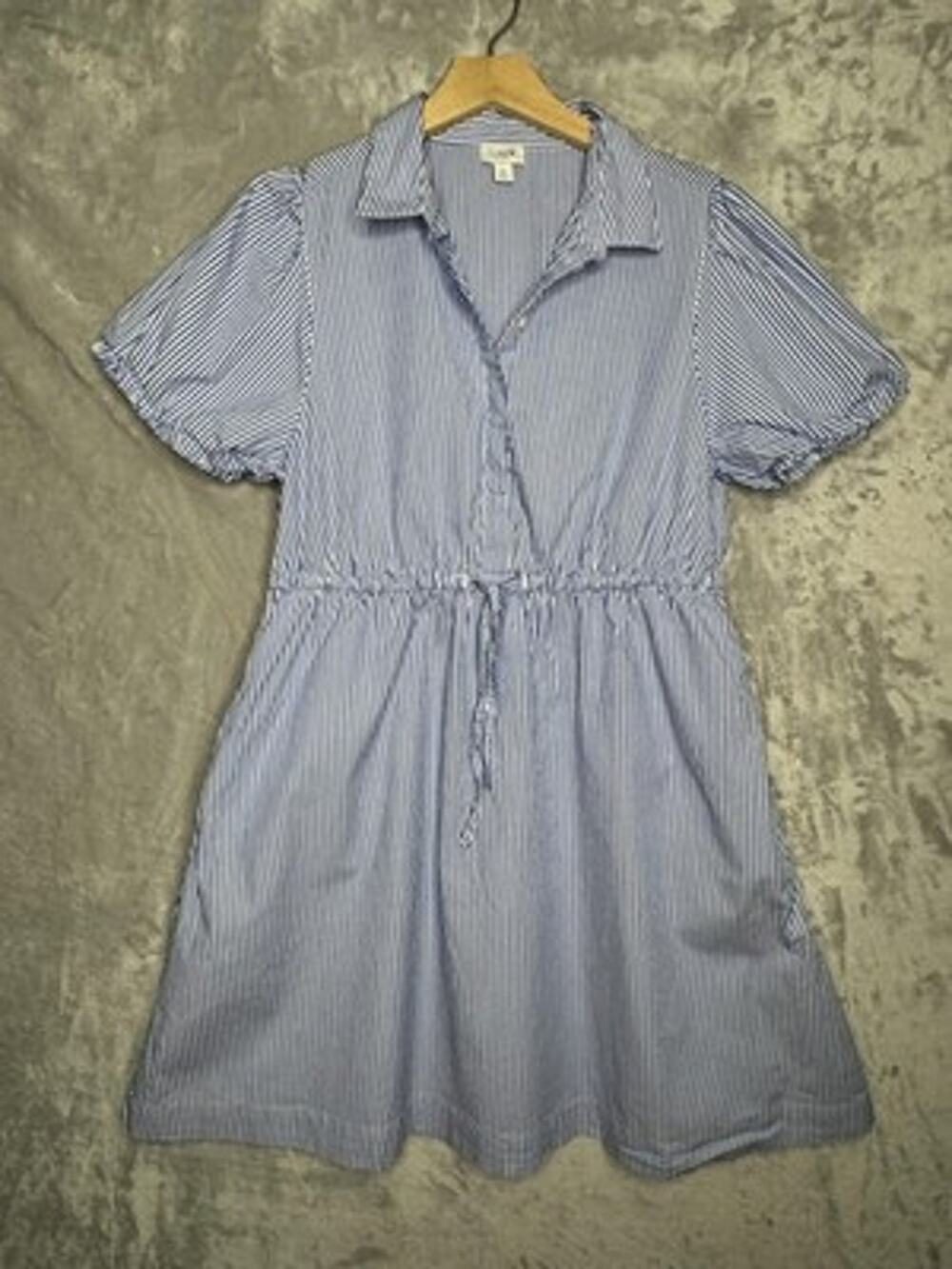 J.Crew Shirt Dress Womens 12 Blue Stripe Puff Sleeve Drawstring Waist Pockets